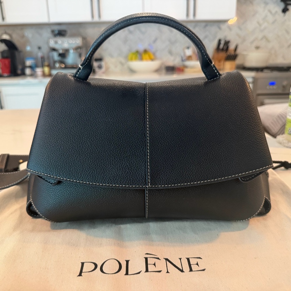 Polène Black Pebbled Leather Satchel with Top Handle Mokki edition black